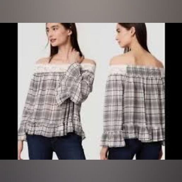 LOFT Off Shoulder Top, Black & White Plaid, Ruffle Hem, Embroidered Lace, Sz Med - Picture 1 of 8